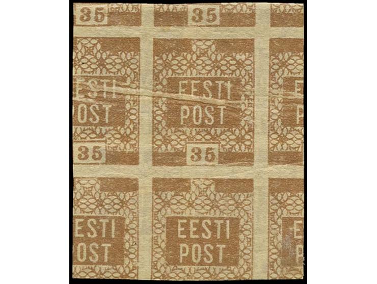 1919, 35p. brown, block of four, printed on both sides, gum side with heavily shifted print, pre-printing paper fold, mint ne