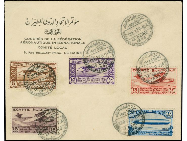 1933, International Aviation Congres 5-20 M. cpl. on First Day cover with special cancel "LE CAIRE INTERNATIONAL D'AVIATION 2