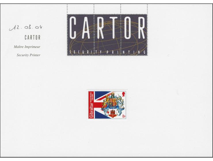 Four imperf proofs of 8p value as issued mounted on Cartor presentation card