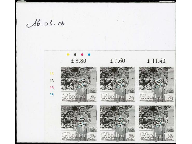 38p value - Imperf, three corner blocks of 6 from upper left corner of sheet, as issued except 1954 omitted from inscription,