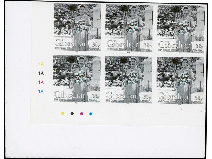 38p value - Imperf, three corner blocks of 6 from lower left corner of sheet, as issued except 1954 omitted from inscription,
