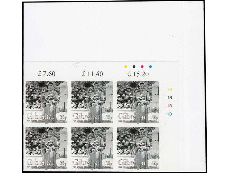 38p value - Imperf, three corner block of 6 from upper right corner of sheet, as issued except 1954 omitted from inscription,