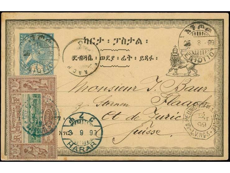 1896, postal stationery card 1 g. blue with cancel "ENTOTTO 25.8.99" and additional franking French Somali Coast 10 c. brown 