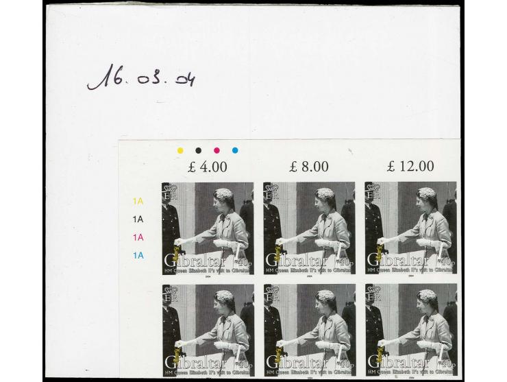 40p value - three imperf corner block of 6 from upper left comer of sheet, as issued except 1954 omitted from inscription, mo