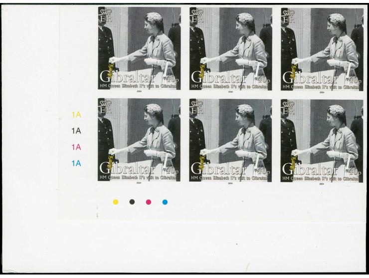 40p value - three imperf corner blocks of 6 from lower left corner of sheet, as issued except 1954 omitted from inscription, 