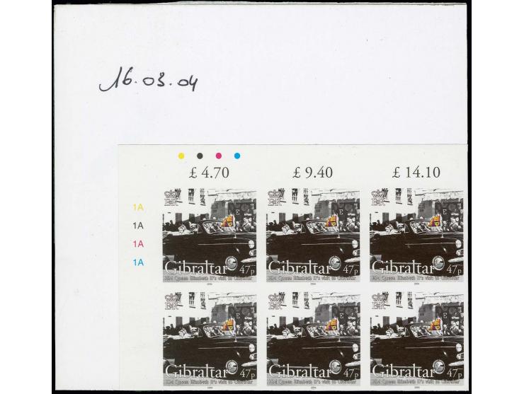 47p value - three imperf corner block of 6 from upper left corner of sheet, as issued except 1954 omitted from inscription, m