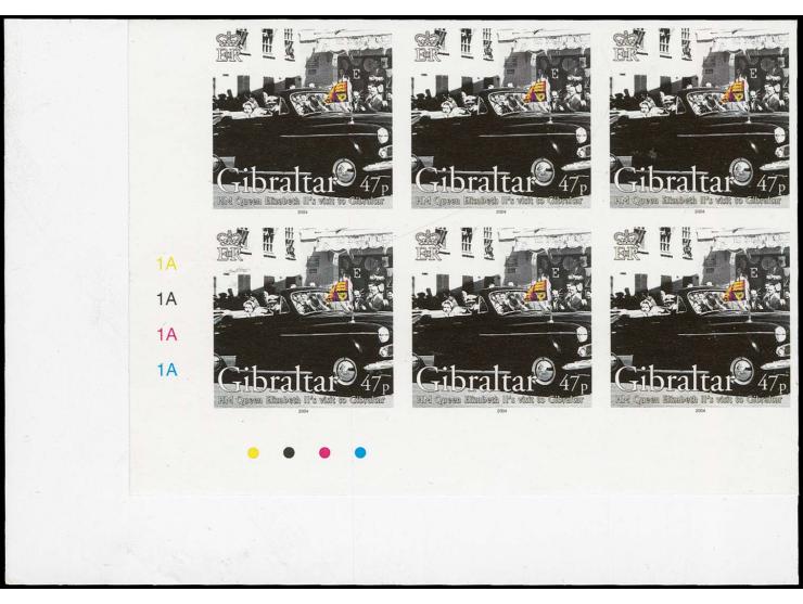 47p value - three imperf corner blocks of 6 from lower left corner of sheet, as issued except 1954 omitted from inscription, 
