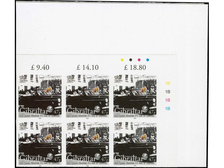 47p value - three imperf corner blocks of 6 from upper right corner of sheet, as issued except 1954 omitted from inscription,
