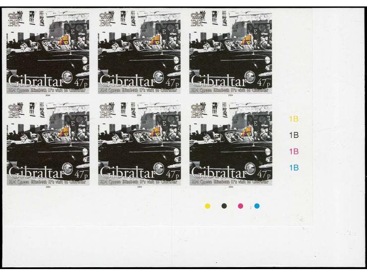 47p value - three imperf corner blocks of 6 from lower right corner of sheet, as issued except 1954 omitted from inscription,