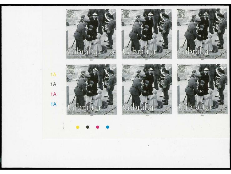 £1 value - three imperf corner blocks of 6 from lower left corner of sheet, as issued except 1954 omitted from inscription, m