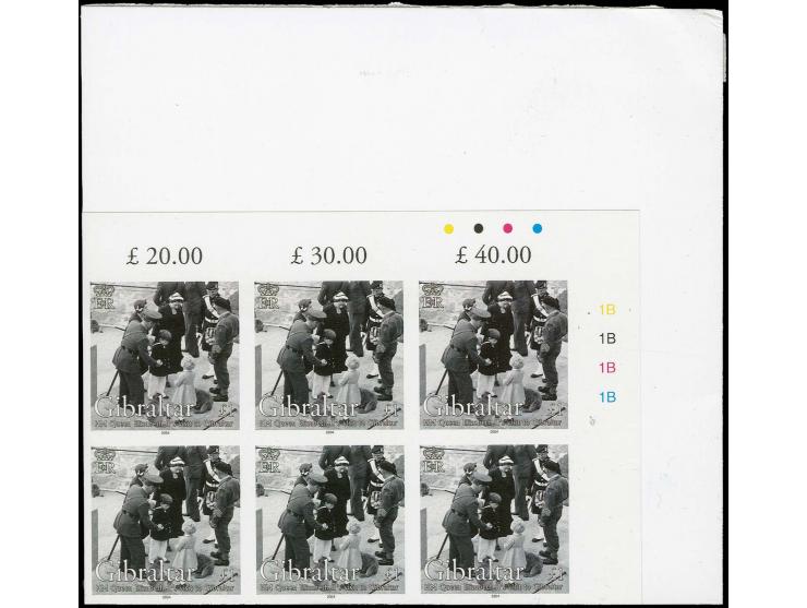 £1 value - three imperf corner blocks of 6 from upper right corner of sheet, as issued except 1954 omitted from inscription, 