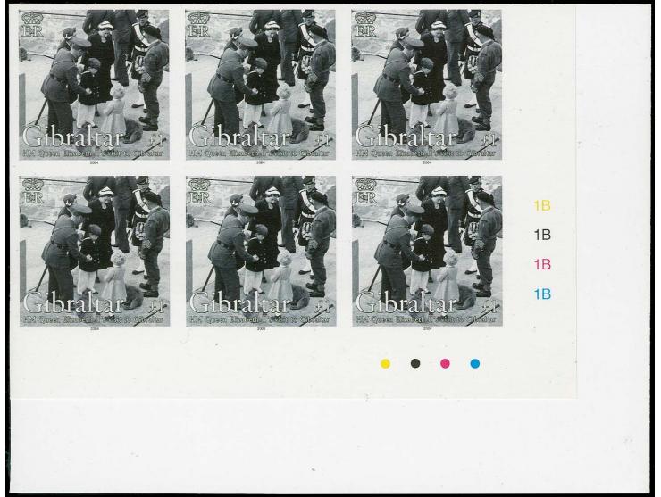 £1 value - three imperf corner blocks of 6 from lower right corner of sheet, as issued except 1954 omitted from inscription, 