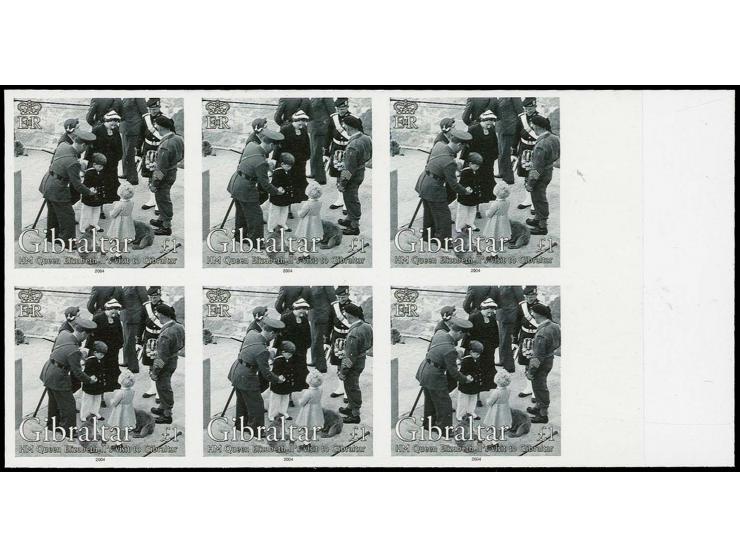 £1 value - two imperf marginal blocks of 6 as issued except 1954 omitted from inscription, mounted on card