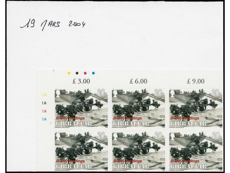 38p value Landing - two imperf corner blocks of 6 from upper left corner of sheet, as issued except denominated 30p, mounted 