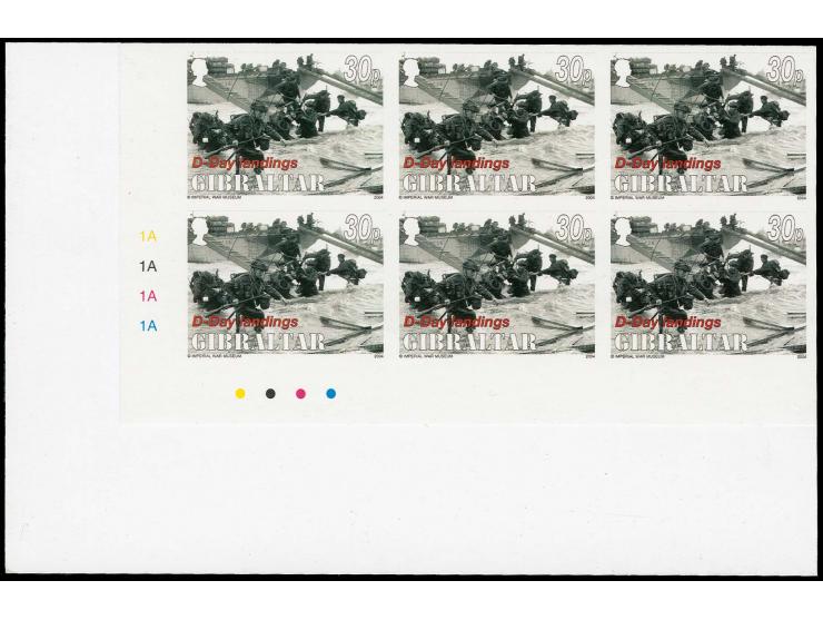38p value Landing - two imperf corner blocks of 6 from lower left corner of sheet, as issued except denominated 30p, mounted 