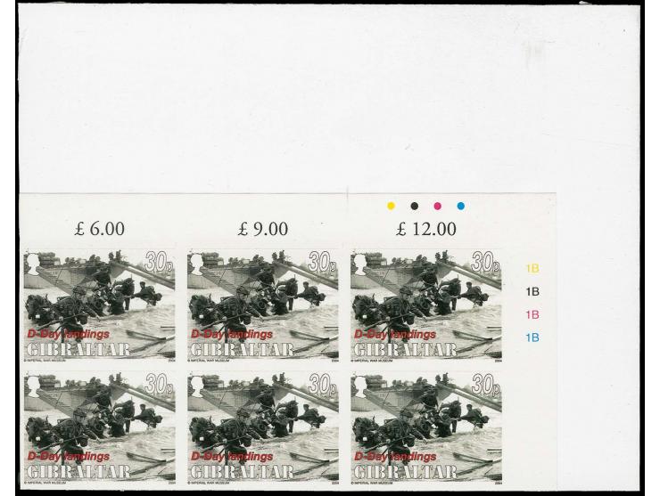 38p value Landing - two imperf corner blocks of 6 from upper right corner of sheet, as issued except denominated 30p, mounted