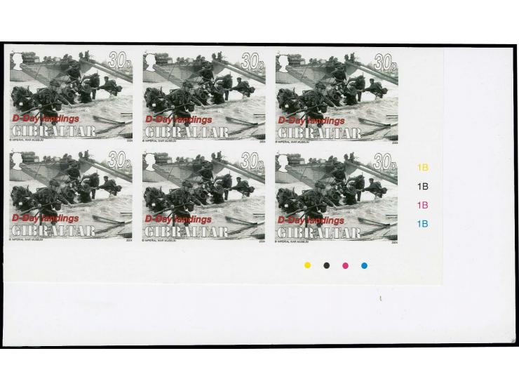 38p value Landing - two imperf corner blocks of 6 from lower right corner of sheet, as issued except denominated 30p, mounted