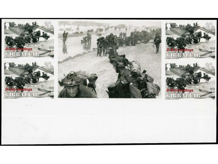 38p value Landing - four imperf inter-paneau gutter blocks of 4 plus twice stamp- size label as issued except denominated 30p