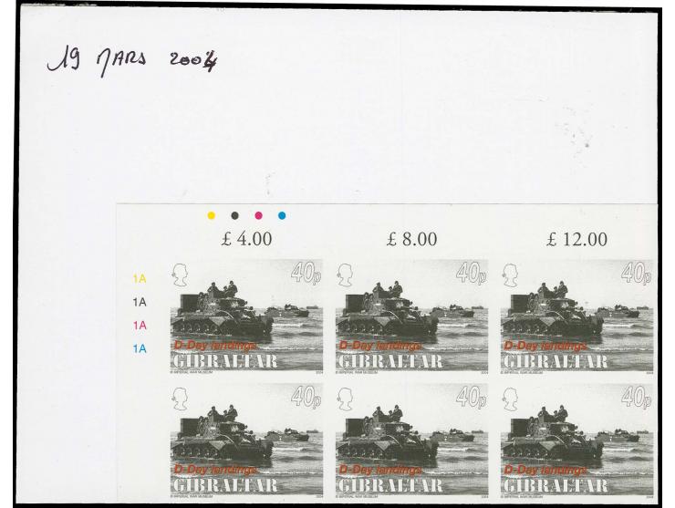 40p value Cruiser Tank - two imperf corner blocks of 6 from upper left corner of sheet, as issued, mounted on card