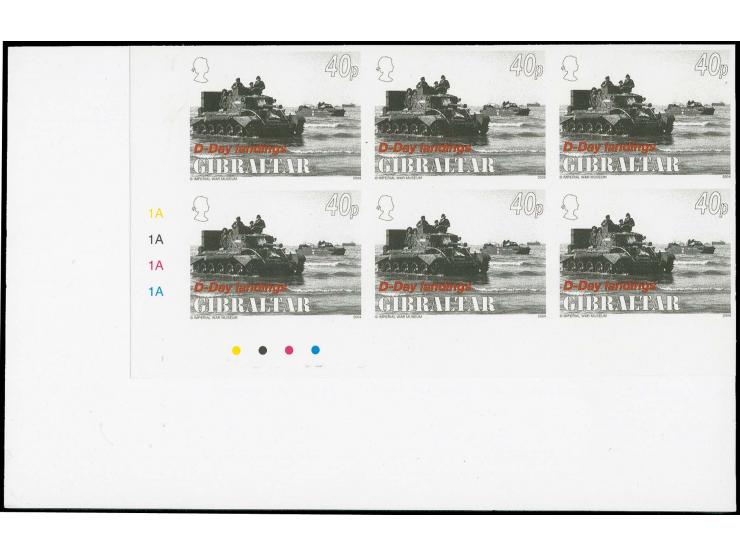 40p value Cruiser Tank - two imperf corner blocks of 6 from lower left corner of sheet, as issued, mounted on card