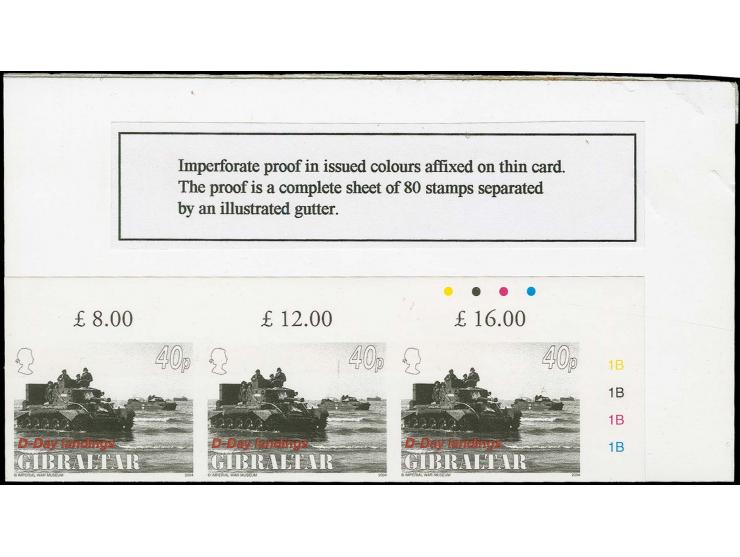 40p value Cruiser Tank - Imperf corner strip of 3 from upper right corner of sheet, as issued, mounted on card