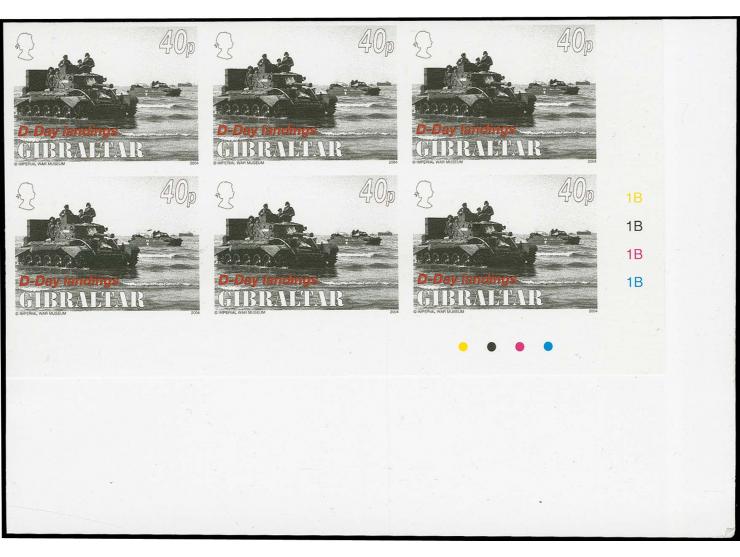 40p value Cruiser Tank - two imperf corner blocks of 6 from lower right corner of sheet, as issued, mounted on card