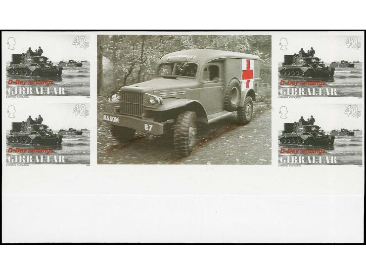40p value Cruiser Tank - four imperf inter-paneau gutter blocks of 4 plus twice stamp-size label as issued, mounted on card