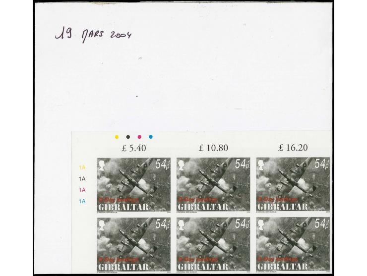 47p value HP Halifax - two imperf corner blocks of 6 from upper left corner of sheet, as issued except denominated 54p, mount