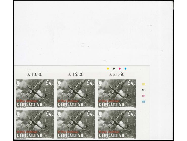 47p value HP Halifax - two imperf corner blocks of 6 from upper right corner of sheet, as issued except denominated 54p, moun