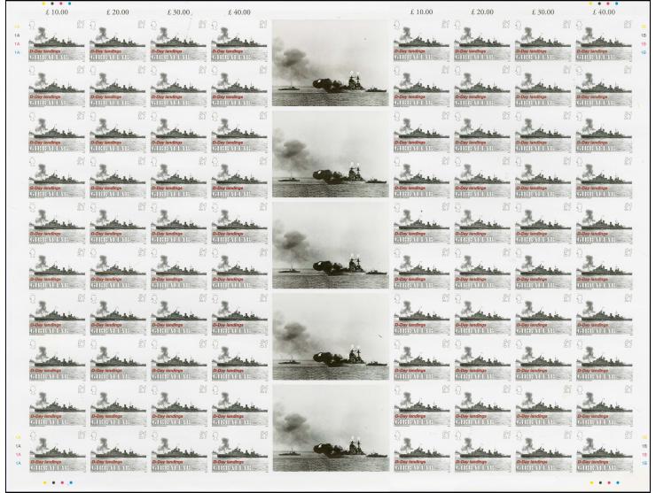 £1 value HMS Belfast - The complete sheet of 80 (two manes of 40 divided by twoce stamp size lables), as issued mounted on ca