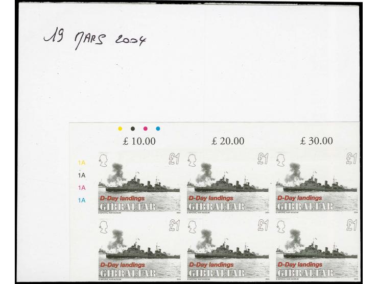 £1 value HMS Belfast - two imperf corner blocks of 6 from upper left corner of sheet, as issued, mounted on card