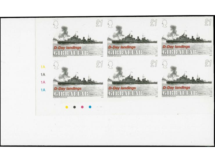£1 value HMS Belfast - two imperf corner blocks of 6 from lower left corner of sheet, as issued, mounted on card