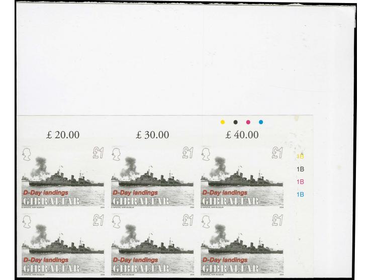 £1 value HMS Belfast - two imperf corner blocks of 6 from upper right corner of sheet, as issued, mounted on card