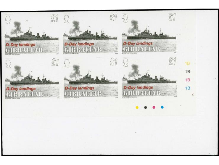 £1 value HMS Belfast - two imperf corner blocks of 6 from lower right corner of sheet, as issued, mounted on card