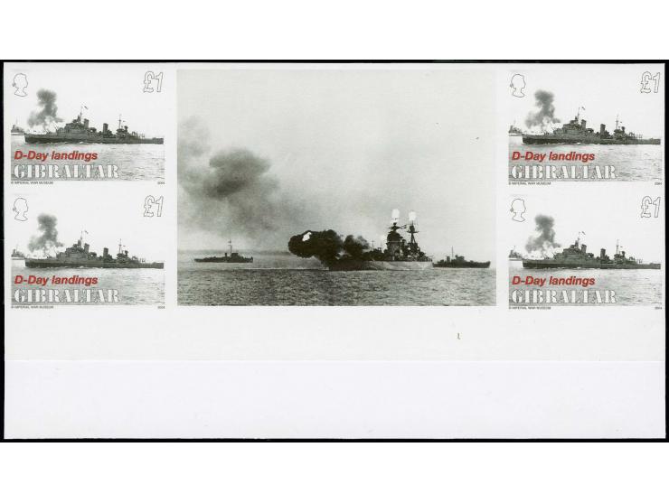 £1 value HMS Belfast - four imperf inter-paneau gutter blocks of 4 plus twice stamp-size label as issued, mounted on card