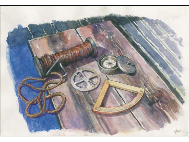 Navigational Instruments - Original hand painted artwork by Christian Hook (Design by Stephen Perera) as used for 40p value (