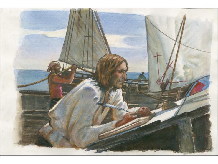 Columbus Writing Report - Original hand painted artwork by Christian Hook (Design by Stephen Perera) as used for 42p value on
