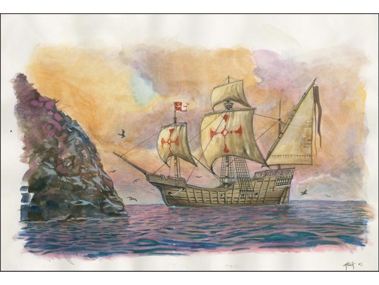 Santa Maria - Original hand painted artwork by Christian Hook (Design by Stephen Perera) as used for 66p value on card, image
