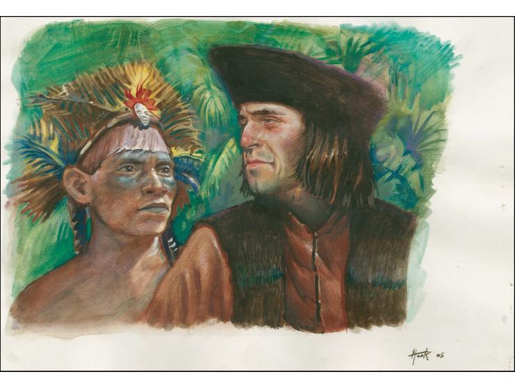 Columbus & Arawak Chief - Original hand painted artwork by Christian Hook (Design by Stephen Perera) as used for 78p value on