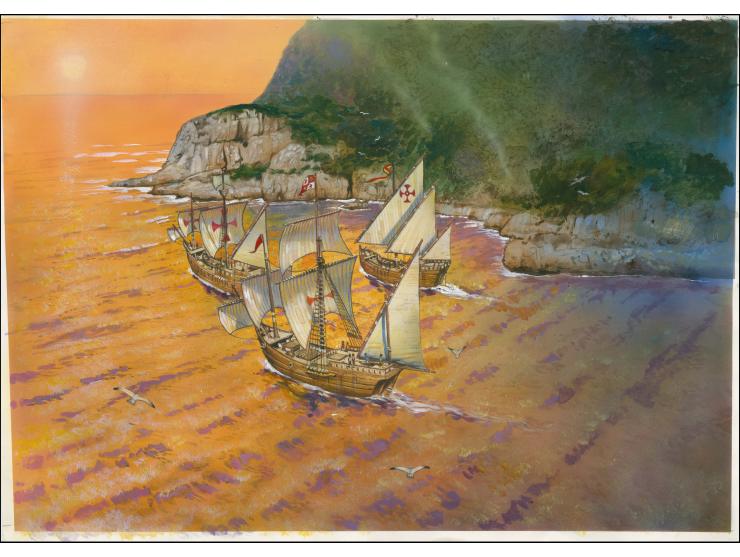 Columbus Fleet of 1492 - Original hand painted artwork by Christian Hook (Design by Stephen Perera) as used for £1.60 m/sheet