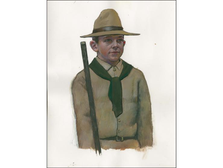 Scout of 1908 - Original hand painted artwork by Christian Hook (Design by Stephen Perera) as used for 8p value, on paper 210