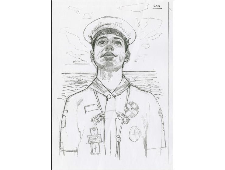 Sea Scout of 1980s - Original hand drawn pencil sketch by Christian Hook (Design by Stephen Perera) the basis for the design 