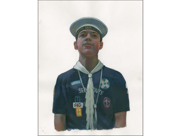 Sea Scout of 1980s - Original hand painted artwork by Christian Hook (Design by Stephen Perera) as used for 42p value, on pap