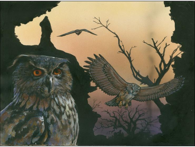 Eagle Owl - Original hand painted artwork by Christian Hook (Design by Stephen Perera) as used for the 40p stamp and booklet 