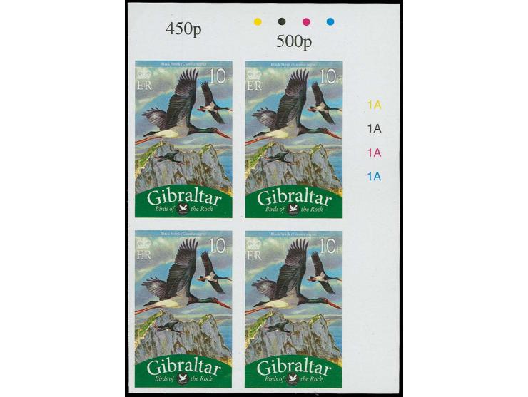 Black Stork 10p - two imperf NE proof blocks of 4 with plate numbers and check-dots unmounted mint