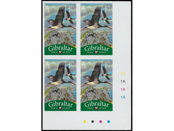 Black Stork 10p - two imperf SE proof blocks of 4 with plate numbers and check-dots unmounted mint