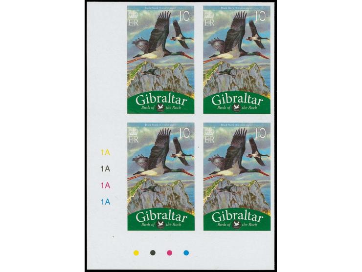 Black Stork 10p - two imperf SW proof blocks of 4 with plate numbers and check-dots unmounted mint
