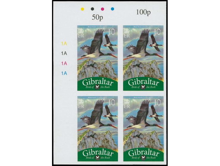Black Stork 10p - two imperf NW proof blocks of 4 with plate numbers and check-dots unmounted mint