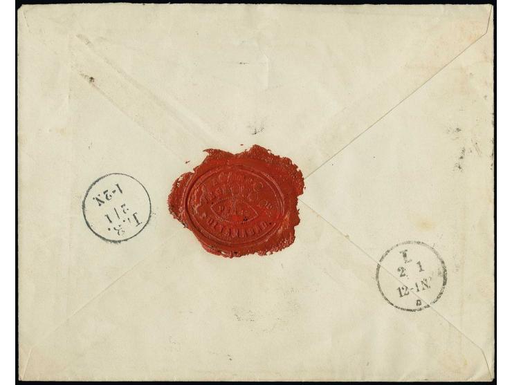 1885/86, typographed 1 ch. green and 5 ch. dull-blue tied by Sultanabad cds. to postal stationery envelope 12 ch. as register