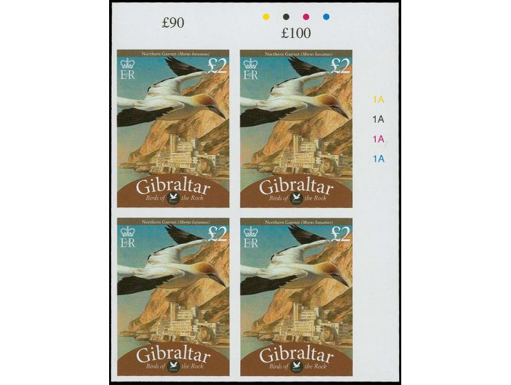 Northern Gannet £2 - two imperf NE proof blocks of 4 with plate numbers and check-dots unmounted mint